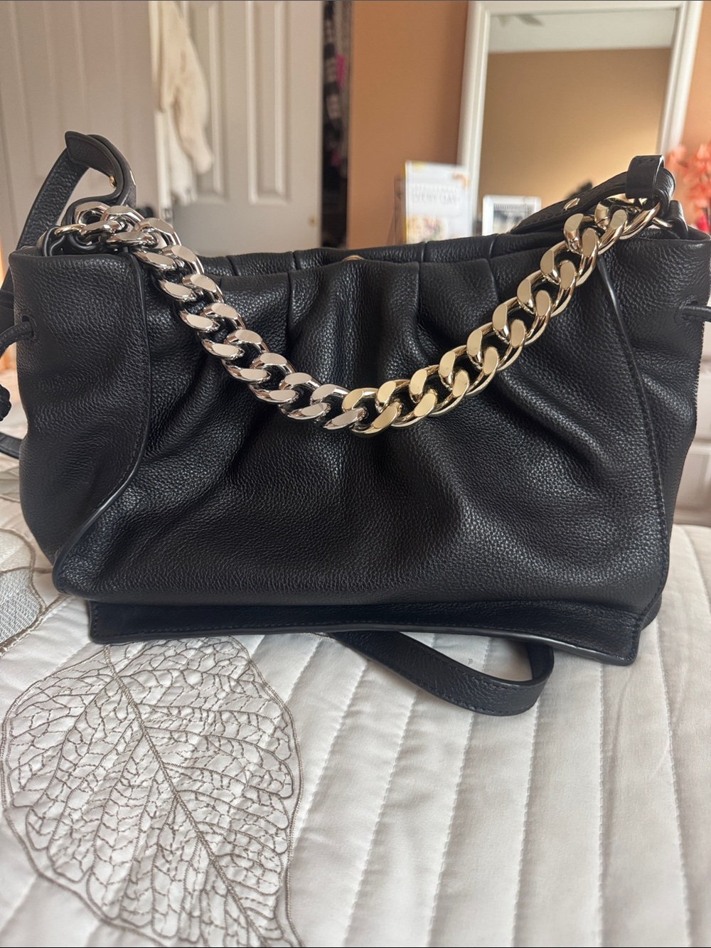Black Leather Shoulder Bag with Gold Chain